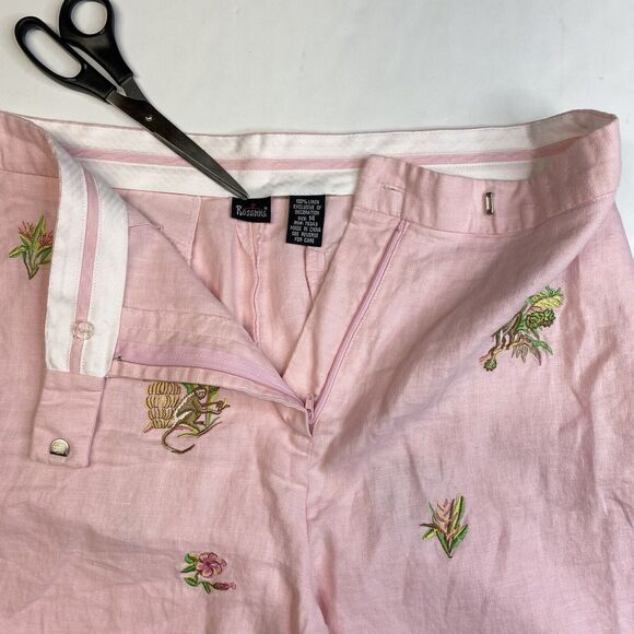Rosanna Linen Wide Leg Crop Pant 14 (32"Waist) Pink Embroidered Monkeys Tropical - Picture 3 of 12